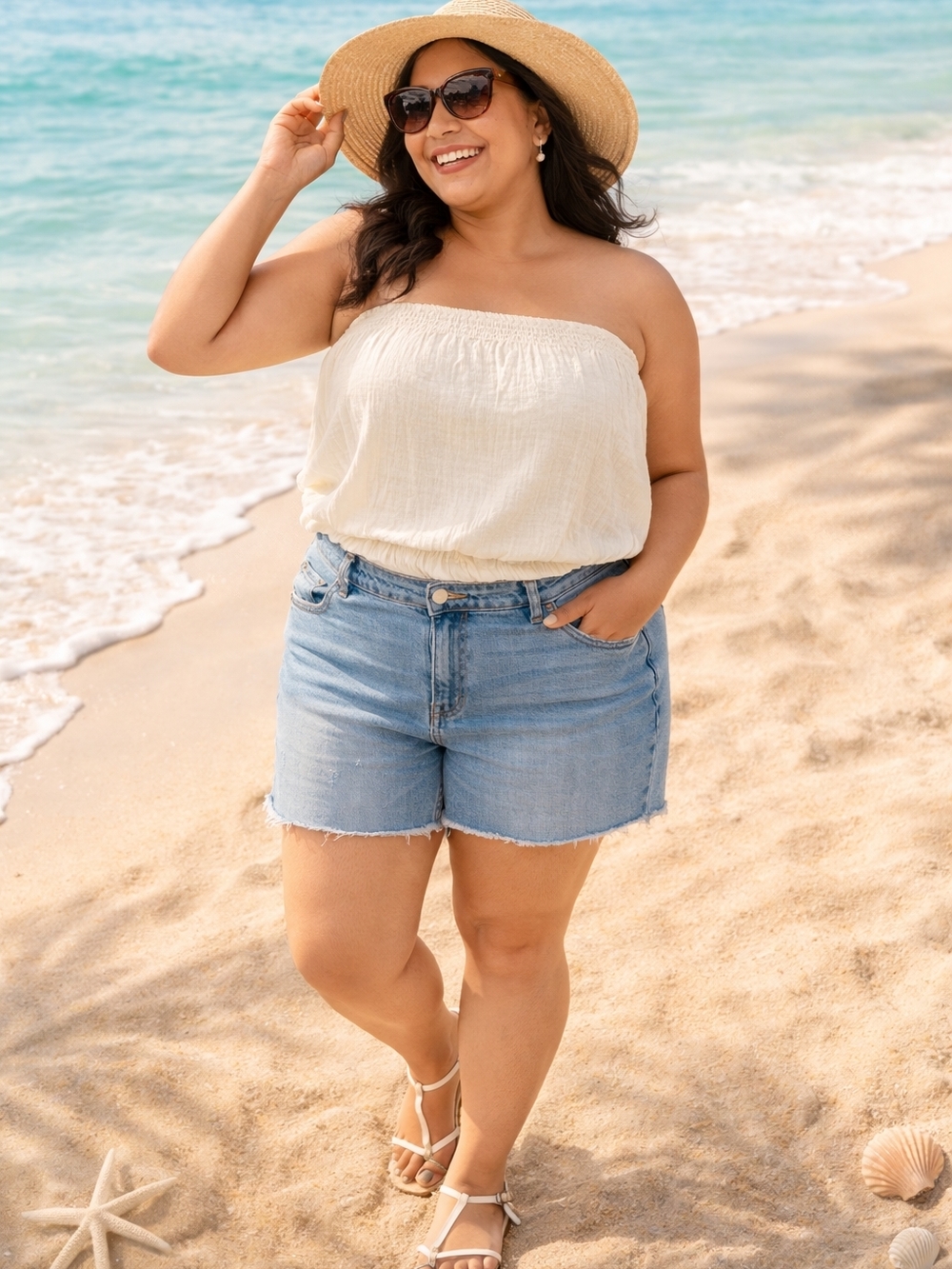 Women’s Plus Size 3X Cream Crinkle Gauze Strapless Tube Top Summer Boho